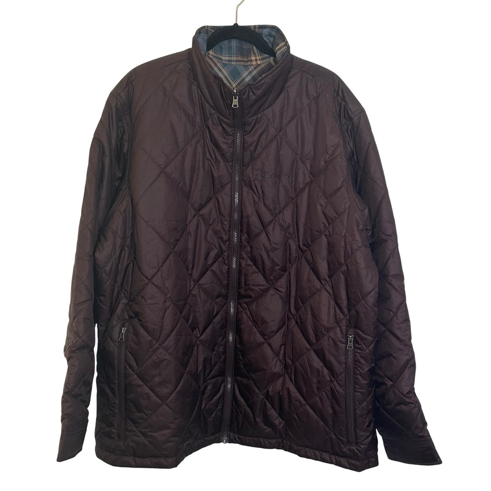 Columbia Reversible Quilted Jacket Men Size XXL Deep Plum Plaid Full Zip Pockets